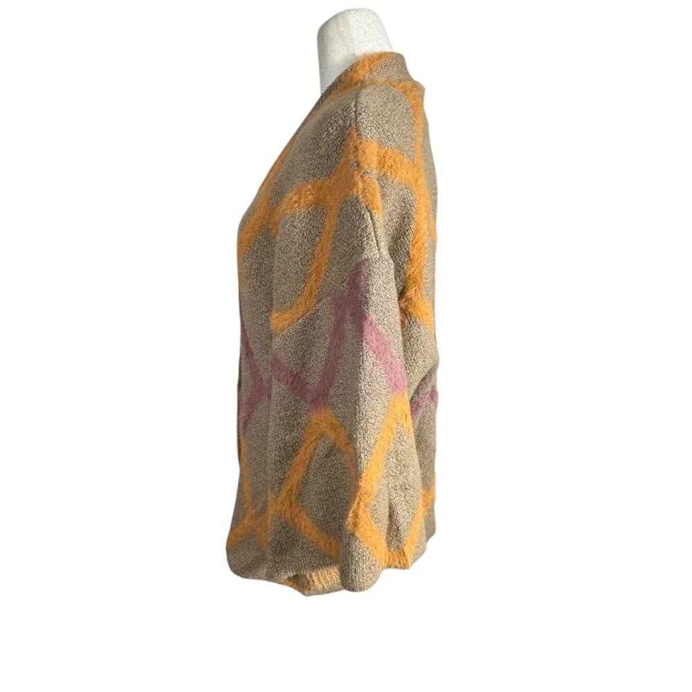 Kori America S/M Tan Brown Orange Pink Diamond Pattern Open Front Cardigan Women